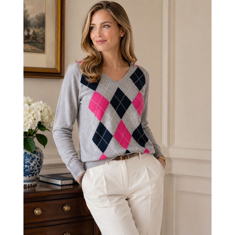 IZOD Argyle Sweater XL Pink Gray Preppy Golf Academia Old Money Women's